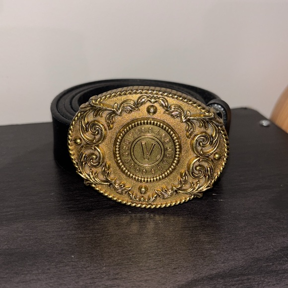 Versace Couture Belt Mens Black Leather Belt With Signature Gold Versace Buckle - Picture 5 of 10
